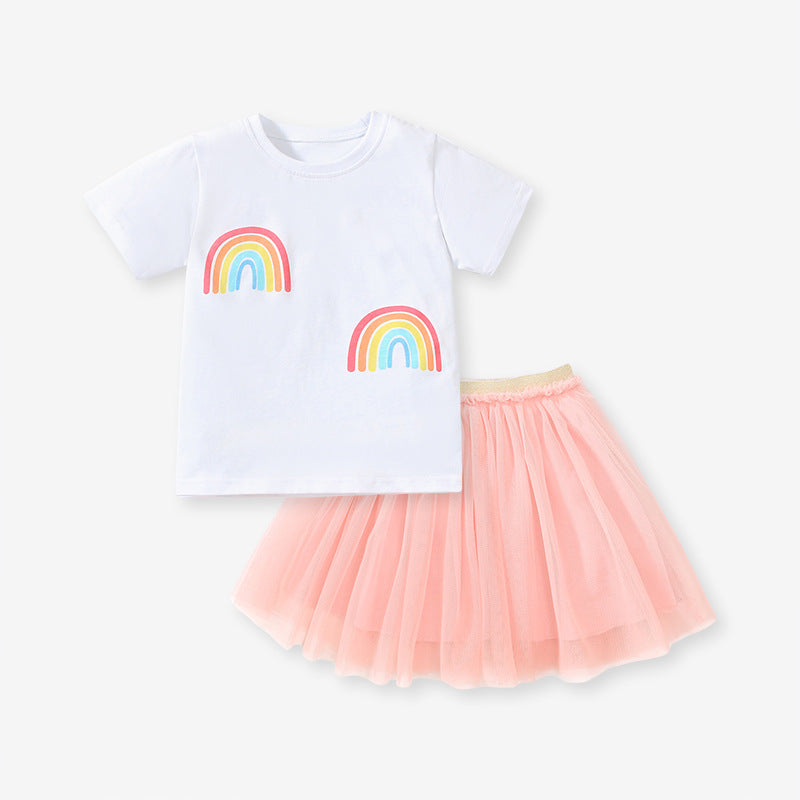 Summer Baby Kids Girls Rainbow Print T-Shirt And Solid Color Mesh Skirt Clothing Set
