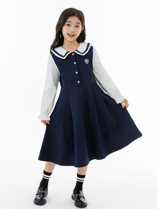 Autumn Arrival Long Sleeves Color Patchwork Preppy One-Piece Navy Collar Dress for Stylish Girls