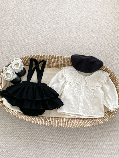 Spring Baby And Kids Girls Floral White Shirt And Black Skirt Beret And Clothing Set