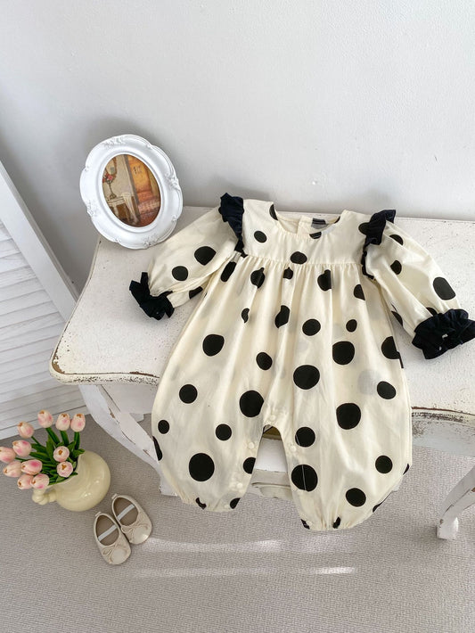 Spring Baby And Kids Girls Polka Dots Romper And Black Leather Shoes Clothing Set