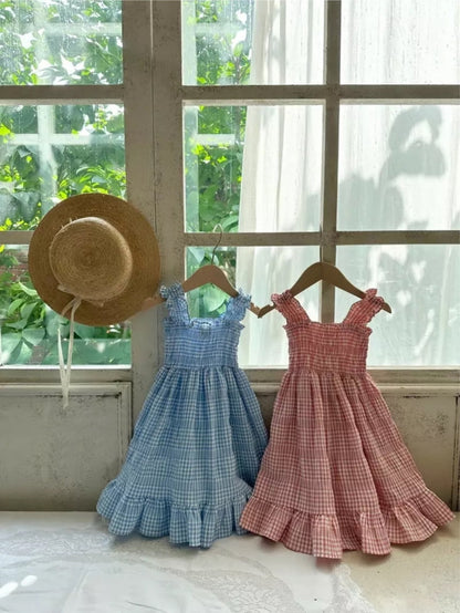Summer Arrival Baby Girls Sleeveless Plaid Pattern Strap Dress