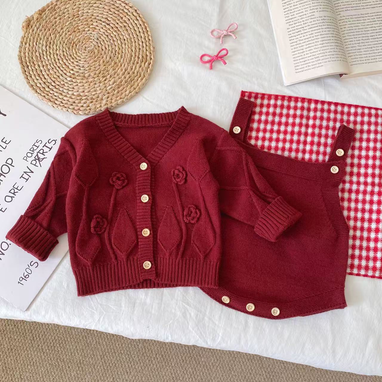 Winter and Autumn Baby Kids Girls Flowers Jacquard Pattern Long Sleeves Cardigan and Sleeveless bodysuit Knitted Clothing Set, MyKids-USA®, Baby & Toddler Outfits, MyKids-USA - Size/Age - 66 (3-6M) - Color - Red -  -  - TR2512071728-B.