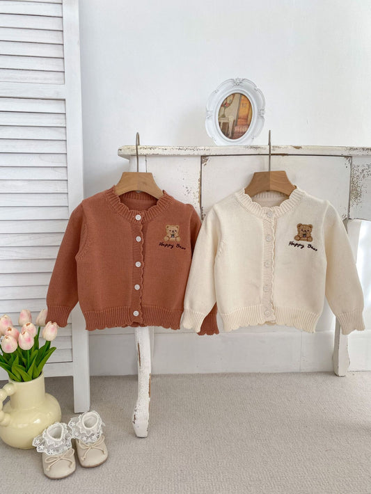 Children’s Knitted Teddy Bear And Wreath Cardigan For Spring – Boys And Girls Sweater For Baby Clothing