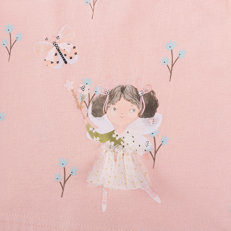 Summer Arrival Cartoon and Flowers Pattern Short Sleeves Dress for Stylish Girls