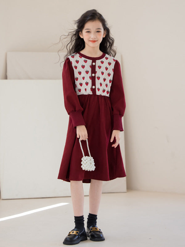 Autumn Arrival Long Sleeves Strawberry Pattern Knitted Dress for Stylish Girls