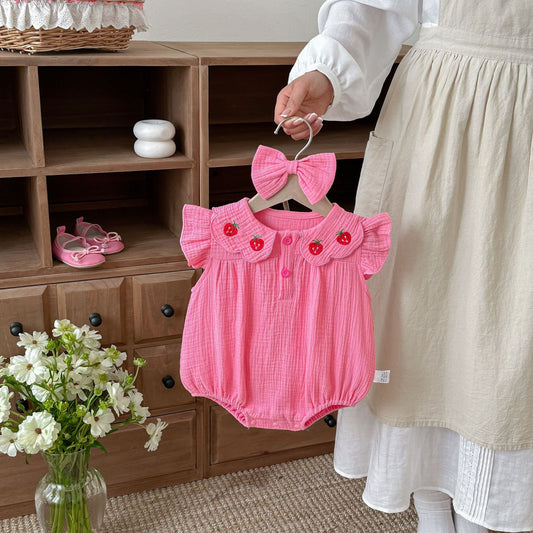 Summer Arrival Baby Girls Fly Sleeves Strawberry Embroidered Pattern Bodysuit