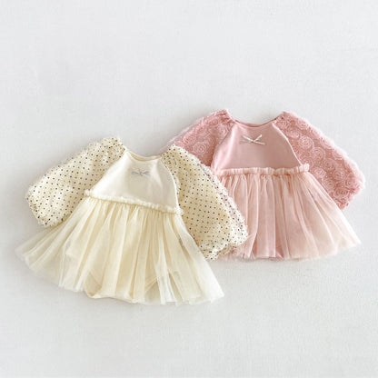 MyKids-USA® Autumn Arrival Baby Girls Long Sleeves Cute Tulle Patchwork Bodysuit Dress
