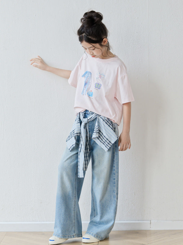 Summer Girls’ Cartoon and Letters Pattern Casual T-shirt in European and American Style