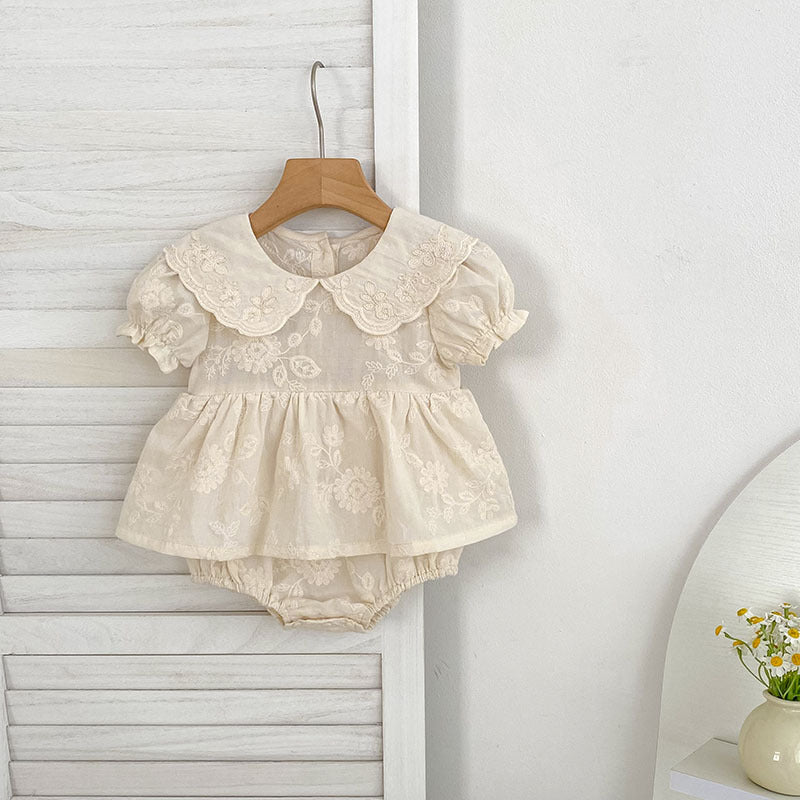 Summer Girls Solid Color Flowers Embroidery Short Sleeves Onesies and Girls’ Dress – Princess Sister Matching Set, MyKids-USA®, Baby & Toddler Dresses, MyKids-USA - Size/Age - 66 (3-6M) - Color - Beige -  -  - TR2505091953-B