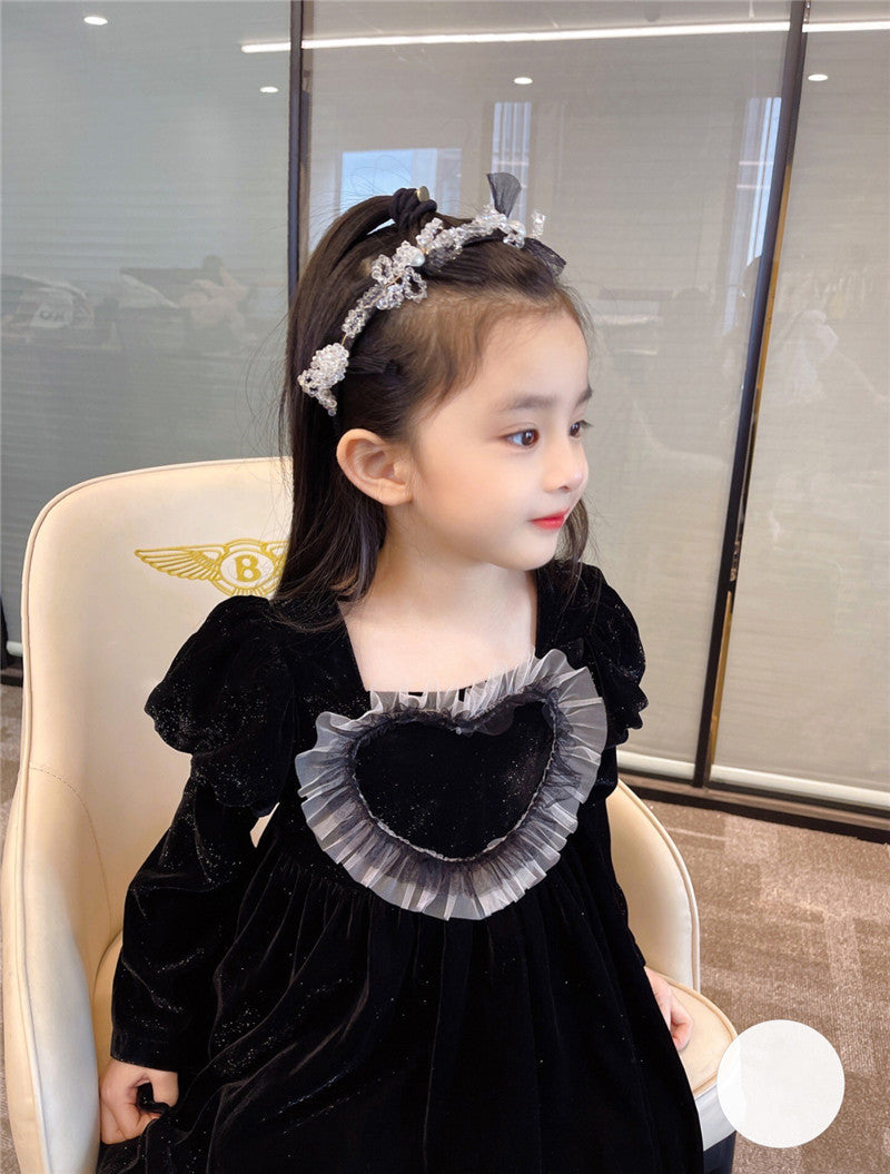 Baby Girls Heart Shape Ruffle Square Neck Long Sleeved Black Princess Dress Baby Girls Heart Shape Ruffle Square Neck Long Sleeved Black Princess Dress