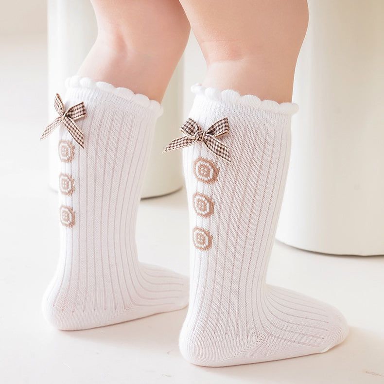 Baby Girls Kids Pattern Comfortable Knee-High Socks Adorned With Bows