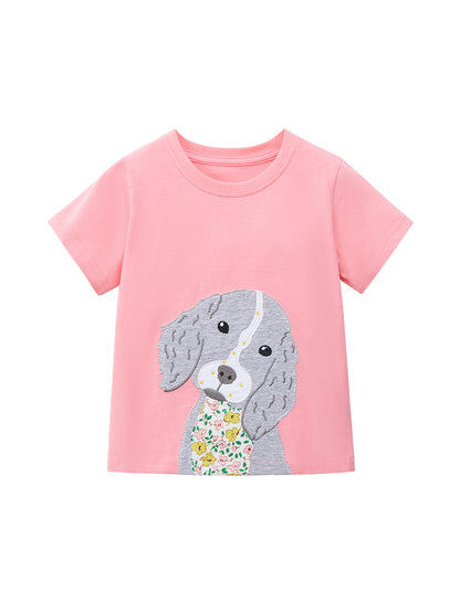 Cute Knit Round Neck Peppy Dog Cartoon Girls’ T-Shirt In European And American Style For Summer