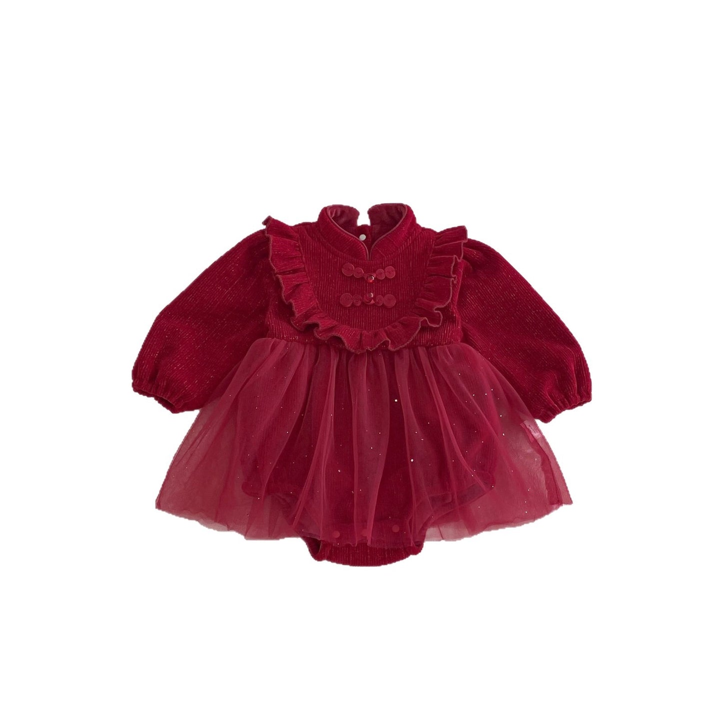 Winter Arrival Baby Girls Long Sleeves Red Solid Color Tulle Patchwork Onesies