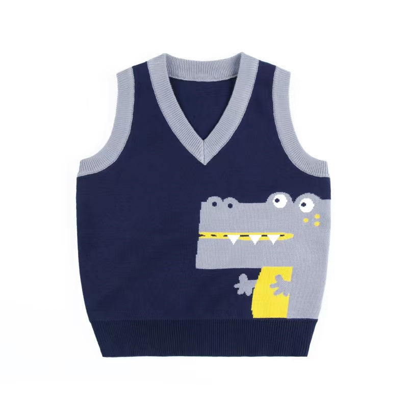 Baby Boy Cartoon Graphic Contrast Design V-Neck Sleeveless Knitted Vest Sweater