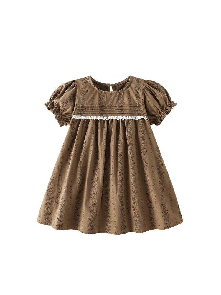 Summer Baby Kids Girls Short Sleeves Vintage Flowers Pattern Dress