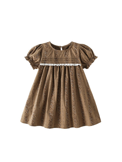 Summer Baby Kids Girls Short Sleeves Vintage Flowers Pattern Dress