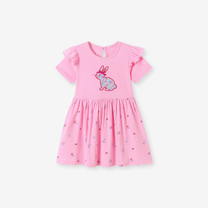 Summer Arrival Animals Cartoon and Floral Pattern Short Sleeves Dress for Stylish Girls