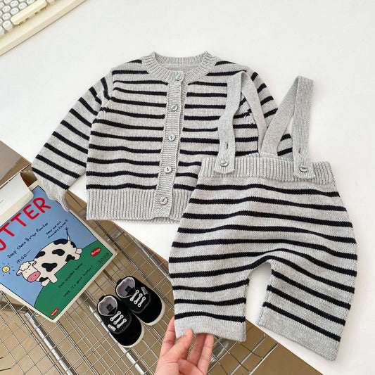 Autumn Striped Pattern Knitted Overalls Combo Cardigan Sets, MyKids-USA®, Baby & Toddler Outfits, MyKids-USA - Size/Age - 66 (3-6M) - Color - Grey -  -  - JM2307151740-A