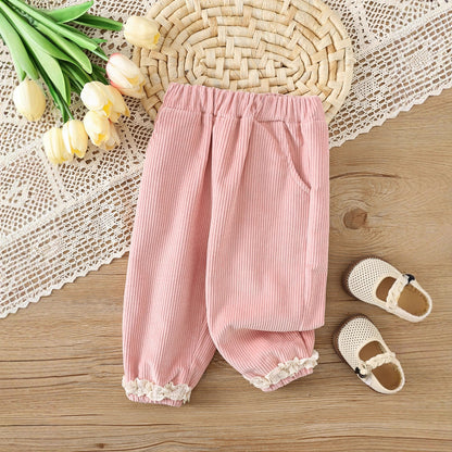 Autumn Arrival Kids Girls Soft Comfortable Corduroy Lace Trim Pants, MyKids-USA®, Trousers, MyKids-USA - Size/Age - 66 (3-6M) - Color - Pink -  -  - TR2508132246-B