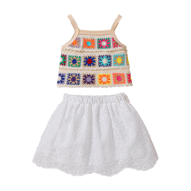 Summer Baby Kids Girls Sleeveless Embroidered Pattern Vest and White Skirt Set