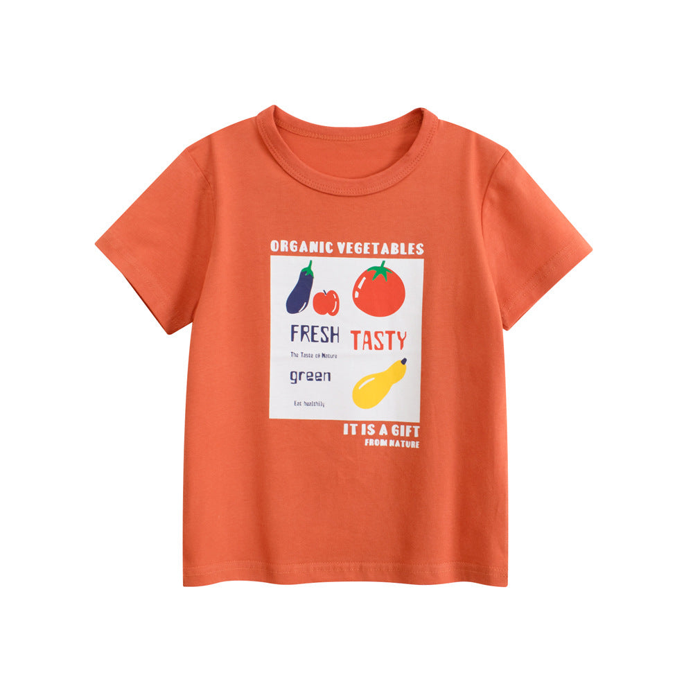 Summer Girls’ Fruits and Letters Pattern Printed T-shirt in European and American Style, MyKids-USA®, Baby & Toddler Tops, MyKids-USA - Size/Age - 90 (12-24M) - Color - Orange -  -  - TR2506161632-A