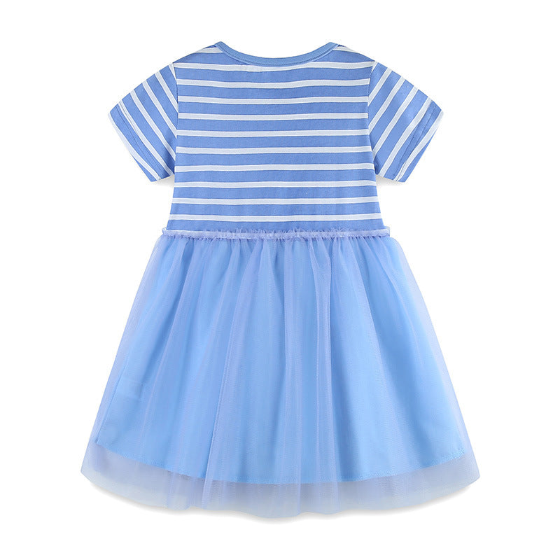 Girls Summer Striped Applique Short Sleeves Blue Mesh Design Dress