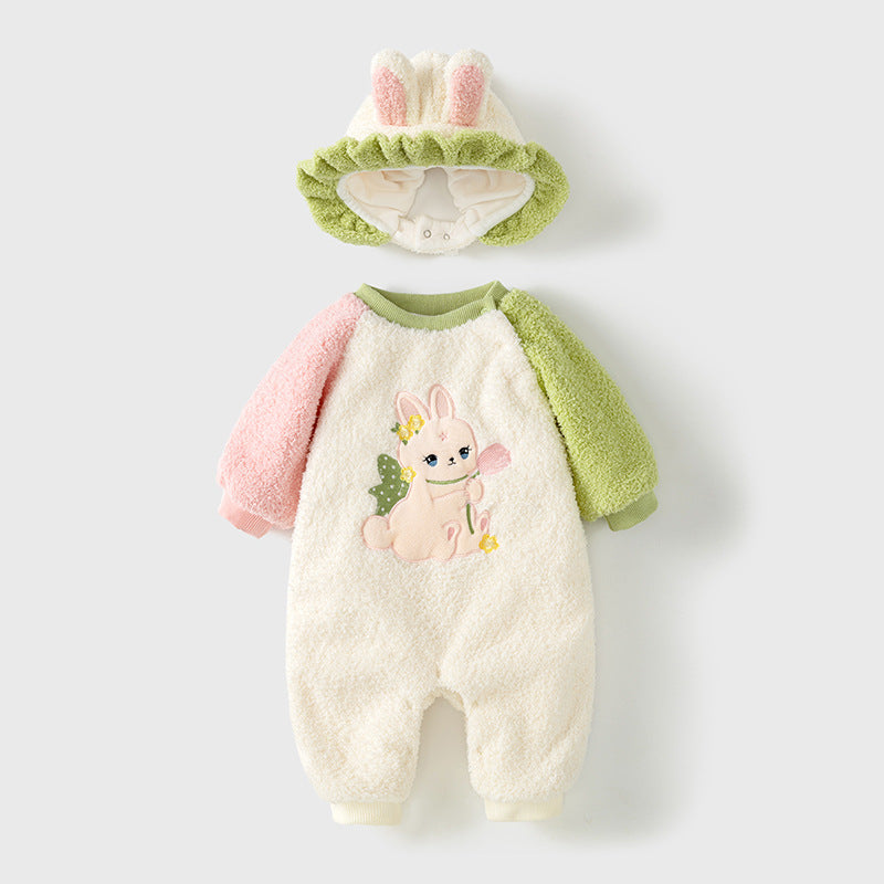 Winter Baby Girl Rabbit Cartoon Thick Home Clothes Romper