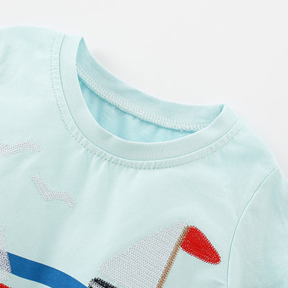 Summer Boys’ English Boats Sail the Sea Cartoon Pattern T-shirt in European and American Style, MyKids-USA®, T-Shirts, MyKids-USA -  -  -  -  -  -  - 