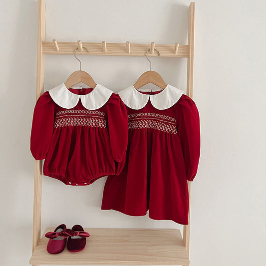 Doll Neck Red Long Sleeve Fashion Onesies & Dress