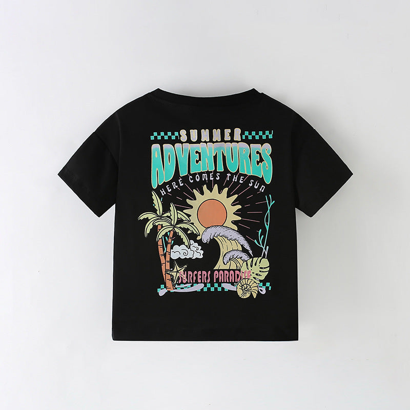 Summer Arrival Boys’ Letters and Sunset Cartoon Pattern T-shirt in European and American Style, MyKids-USA®, T-Shirts, MyKids-USA -  -  -  -  -  -  - 