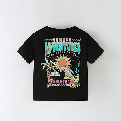 Summer Arrival Boys’ Letters and Sunset Cartoon Pattern T-shirt in European and American Style, MyKids-USA®, T-Shirts, MyKids-USA -  -  -  -  -  -  - 