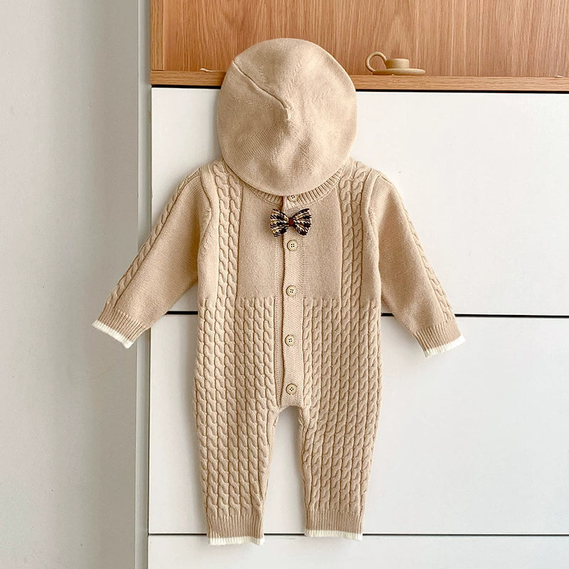 Autumn Arrival Unisex Baby’s Solid Color Geometric Jacquard Pattern Knitted Rompers with Butterfly-bow, MyKids-USA®, Baby One-Pieces, MyKids-USA -  -  -  -  -  -  - 