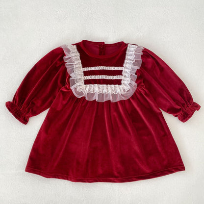 MyKids-USA® Autumn Lace Trim Baby Kids Girls Princess Long Sleeves Dress
