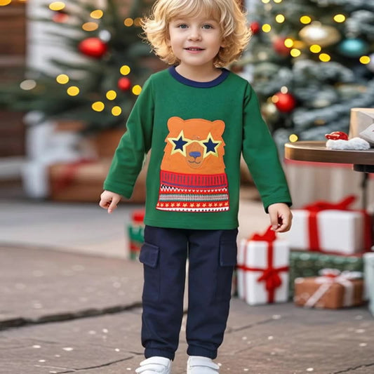 Autumn Arrival Kids Boys Teddy Bear Cartoon Pattern Crew Neck Long Sleeves Top Sweatshirt, MyKids-USA®, Sweatshirts, MyKids-USA - Size/Age - 90 (12-24M) - Color - Green -  -  - TR2507212054-A