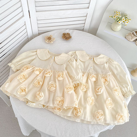 Autumn Baby Girls Flowers Pattern Long-sleeved Peter Pan Collar Onesies and Dress – Princess Sister Matching Set, MyKids-USA®, Baby & Toddler Outfits, MyKids-USA -  -  -  -  -  -  - 