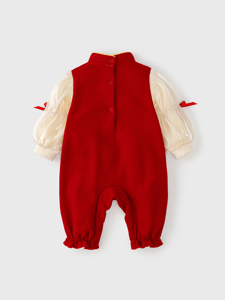 Autumn Design Baby Girls Color Patchwork Stand Collar Romper with Butterfly Bows, MyKids-USA®, Baby One-Pieces, MyKids-USA -  -  -  -  -  -  - 