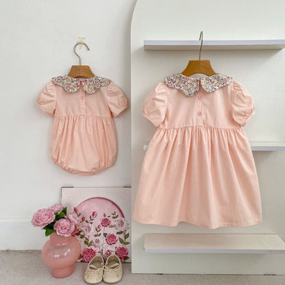 Summer Girls Floral Collar Color Patchwork Onesies and Dress – Princess Sister Matching Set, MyKids-USA®, Baby & Children's Outfits, MyKids-USA -  -  -  -  -  -  - .
