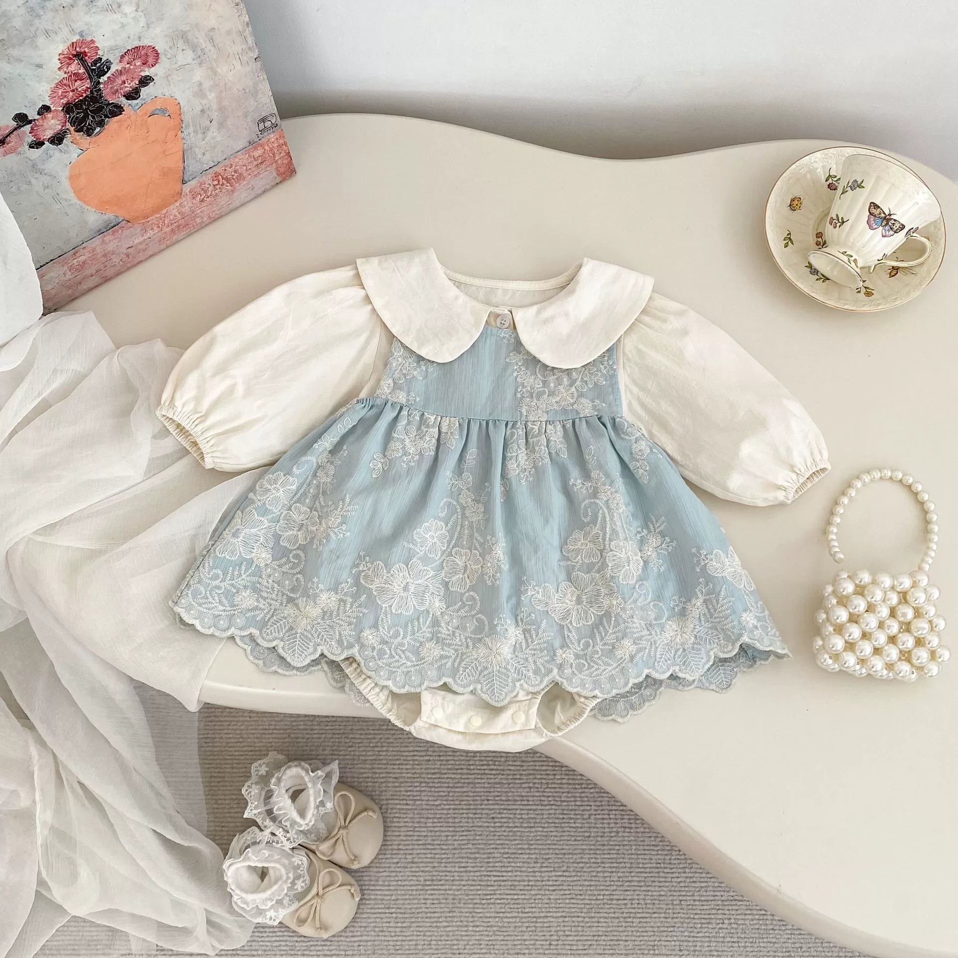 Spring and Autumn Baby Kids Girls Cherry Pattern Long Sleeves Beige Onesies and Flowers Embroidered Sleeveless Dress Clothing Set, MyKids-USA®, Baby One-Pieces, MyKids-USA - Size/Age - 66 (3-6M) - Color - Blue -  -  - TR2508152152-A