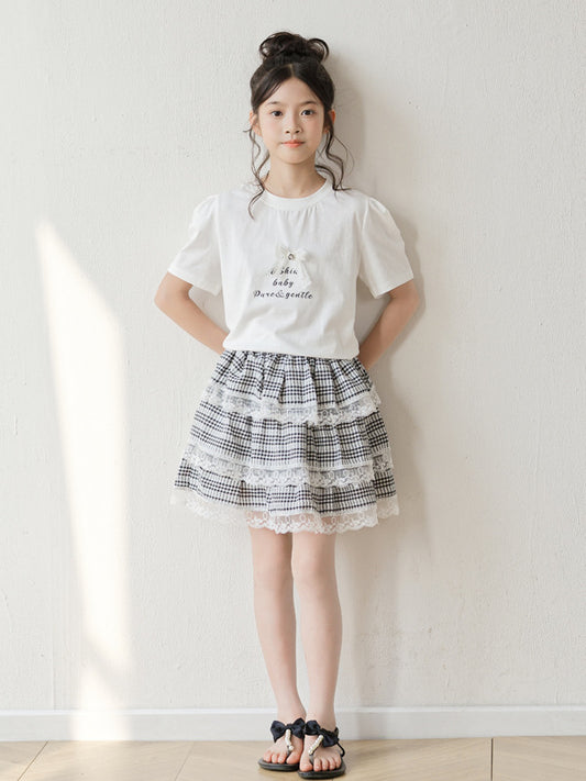 Arrival Summer Baby Kids Girls Short Sleeves Letters Pattern T-shirt and Plaid Skirt