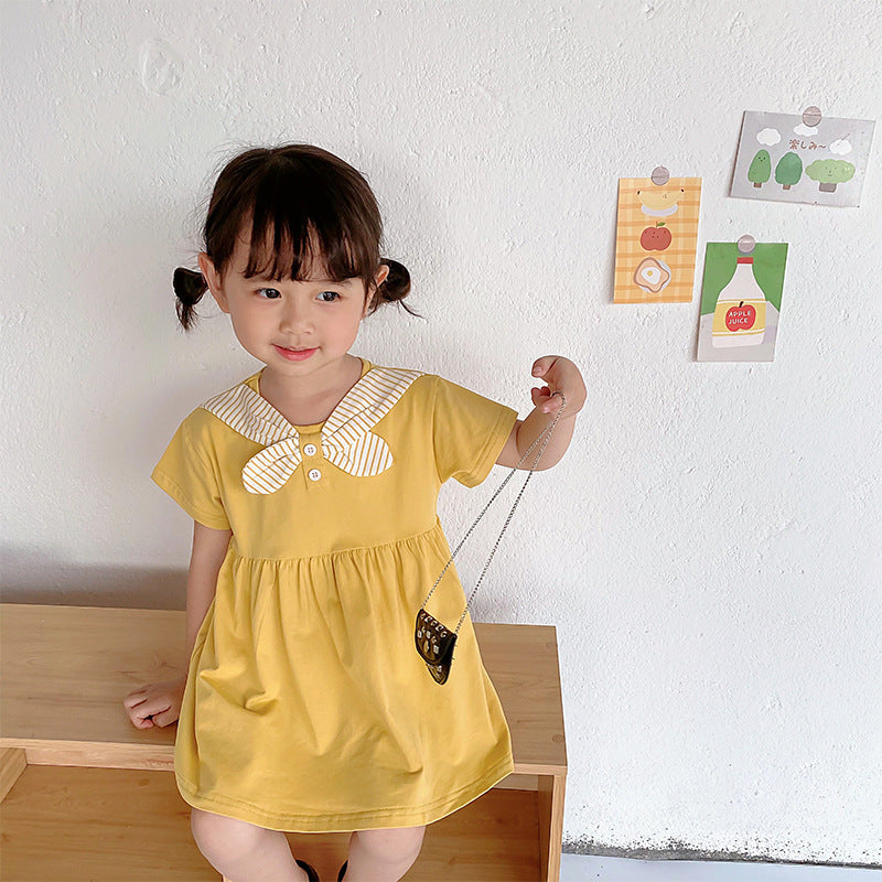 Summer Baby Kids Girls New Design Short Sleeves Preppy Crew Neck Dress