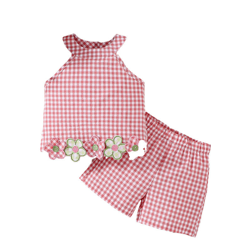 Design Summer Baby Kids Girls Sleeveless Floral Vest with Plaid Shorts Set, MyKids-USA®, Baby & Children's Outfits, MyKids-USA - Size/Age - 73 (6-9M) - Color - Red -  -  - TR2606012224-A.