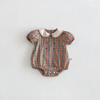 Design Summer Baby Kids Girls Short Sleeves Plaid Pattern Bodysuit