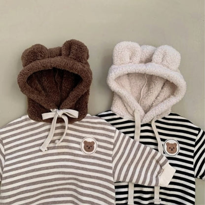 Arrival Winter and Spring Baby Unisex Striped and Teddy Bear Pattern Onesies with Fluffy Hood, MyKids-USA®, Baby One-Pieces, MyKids-USA -  -  -  -  -  -  - .