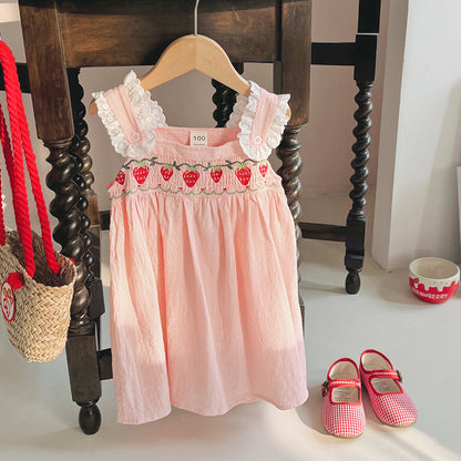 Summer Baby Kids Girls Sleeveless Strawberry Embroidered Lace Strap Princess Dress