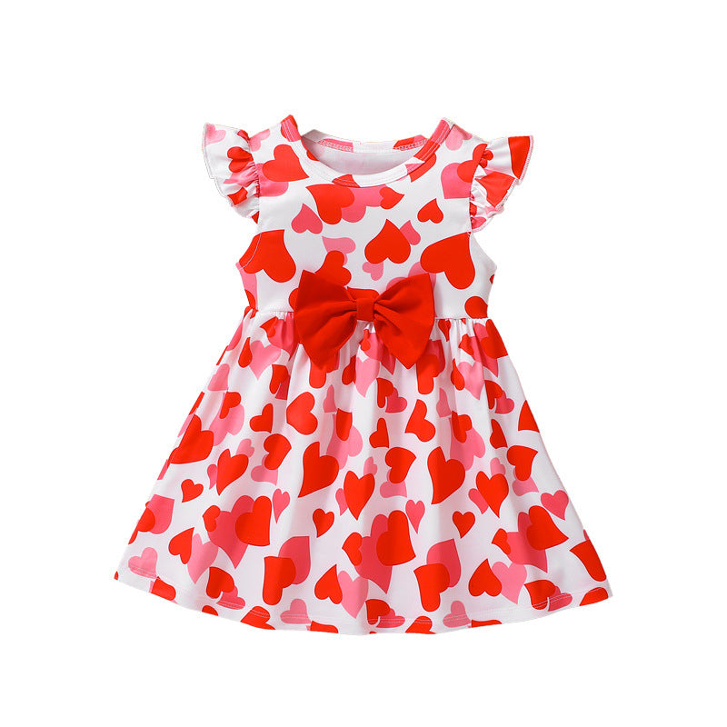 Summer Baby Kids Girls Fly Sleeves Hearts Pattern Red Dress