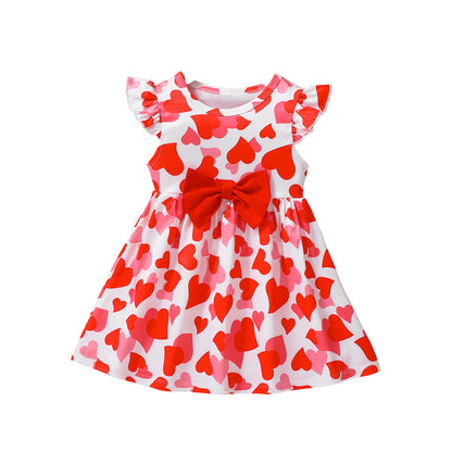 Summer Baby Kids Girls Fly Sleeves Hearts Pattern Red Dress