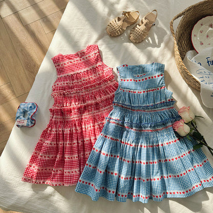 Summer Kids Girls Cute Cherry Print Plaid Sleeveless Dress