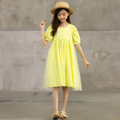 Hot Selling Summer Kids Girls French Style Solid Color Yellow Pure Cotton Short Sleeves Dress