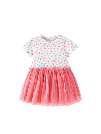 Summer Baby Kids Girls Short Sleeves Flowers Pattern Tulle Patchwork Dress