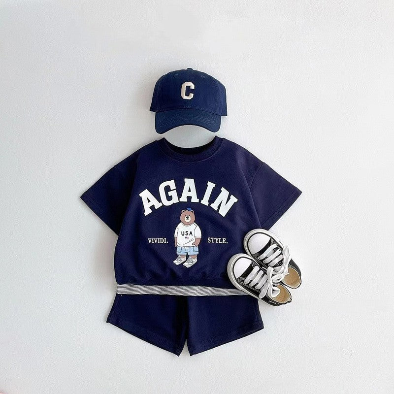 Summer Baby Kids Unisex Casual Letters and Teddy Bear Pattern Short Sleeves Top T-shirt and Shorts Clothing Set, MyKids-USA®, Baby & Toddler Outfits, MyKids-USA - Size/Age - 66 (3-6M) - Color - Navy Blue (Dark Blue) -  -  - TR2505212252-C